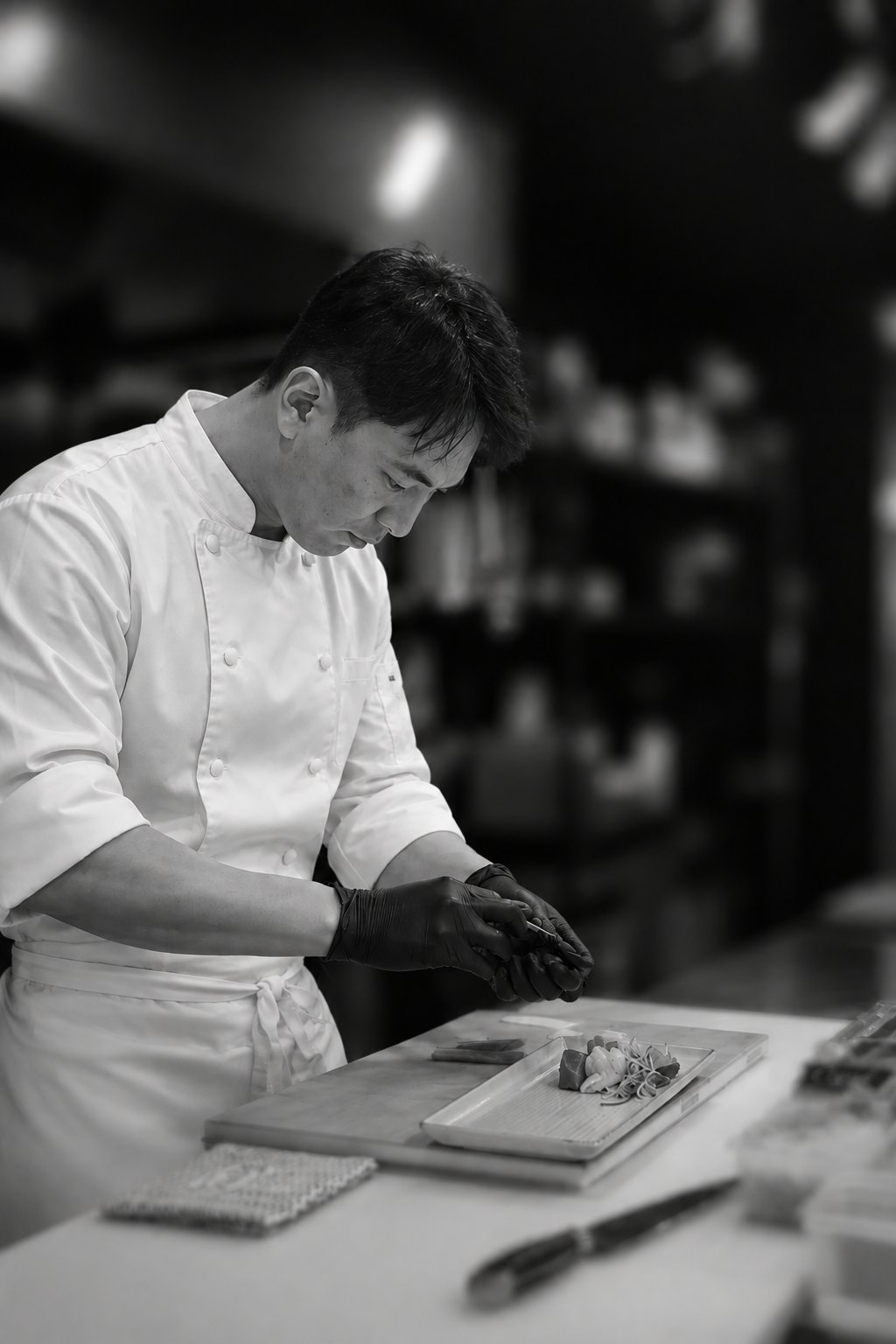 Hyojoon (John) Lee, owner-chef of Yuzu Epping, plating sashimi at the pass