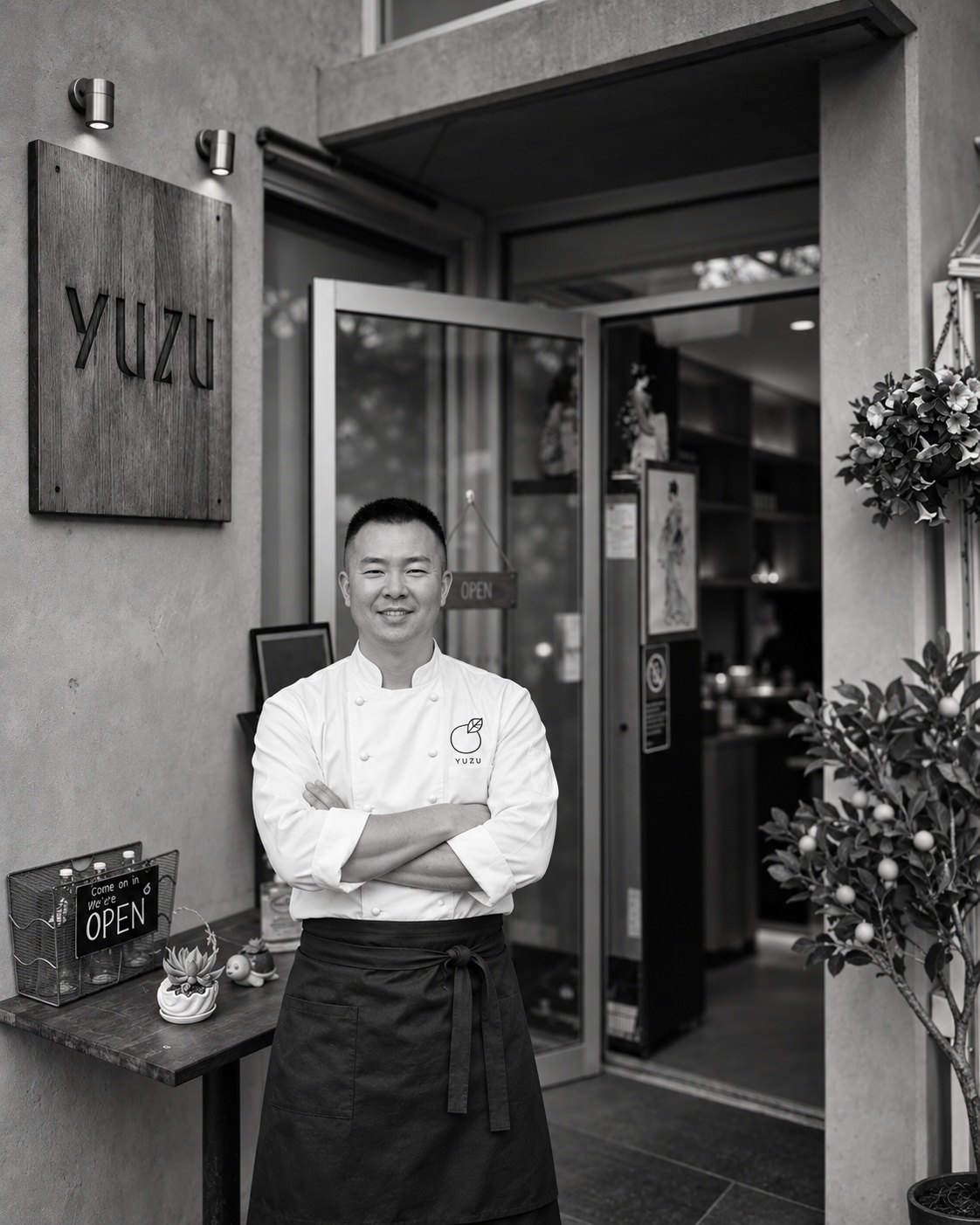 Sam Hwang, founder-chef of Yuzu Pyrmont, arms crossed outside the restaurant